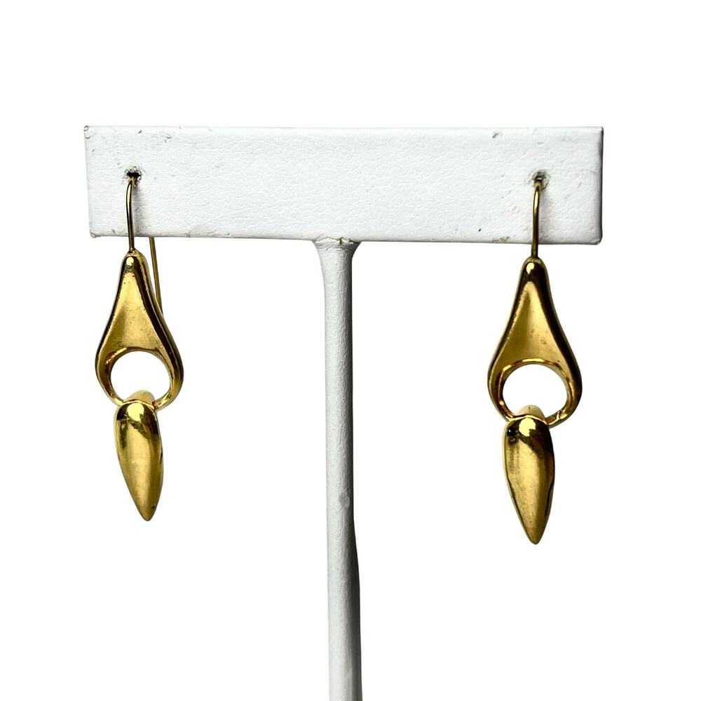 Pierced Dangle Earrings Gold Tone Post Double Drop Polished Shiny Hook Artistic